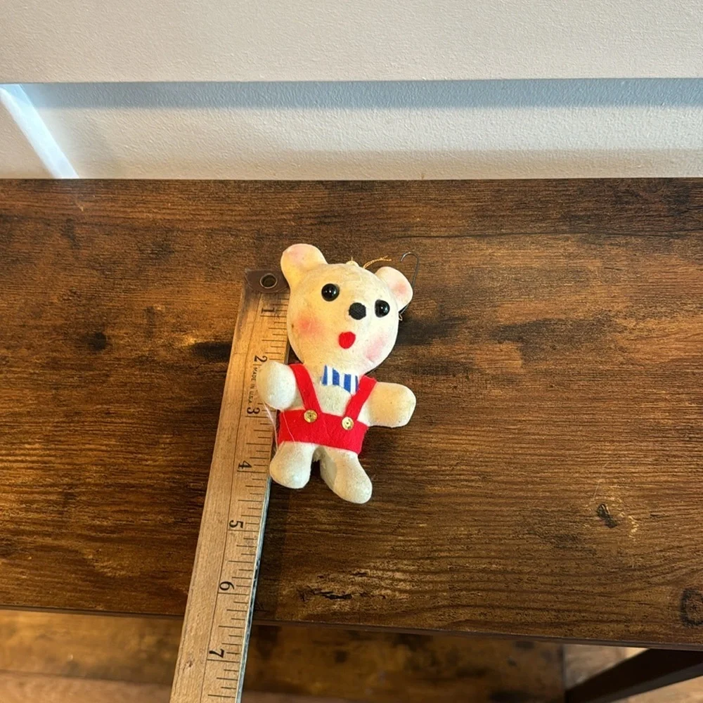 VINTAGE CHRISTMAS BEAR WITH OVERALLS AND TIE PLASTIC FLOCKED HANGING ORNAMENT